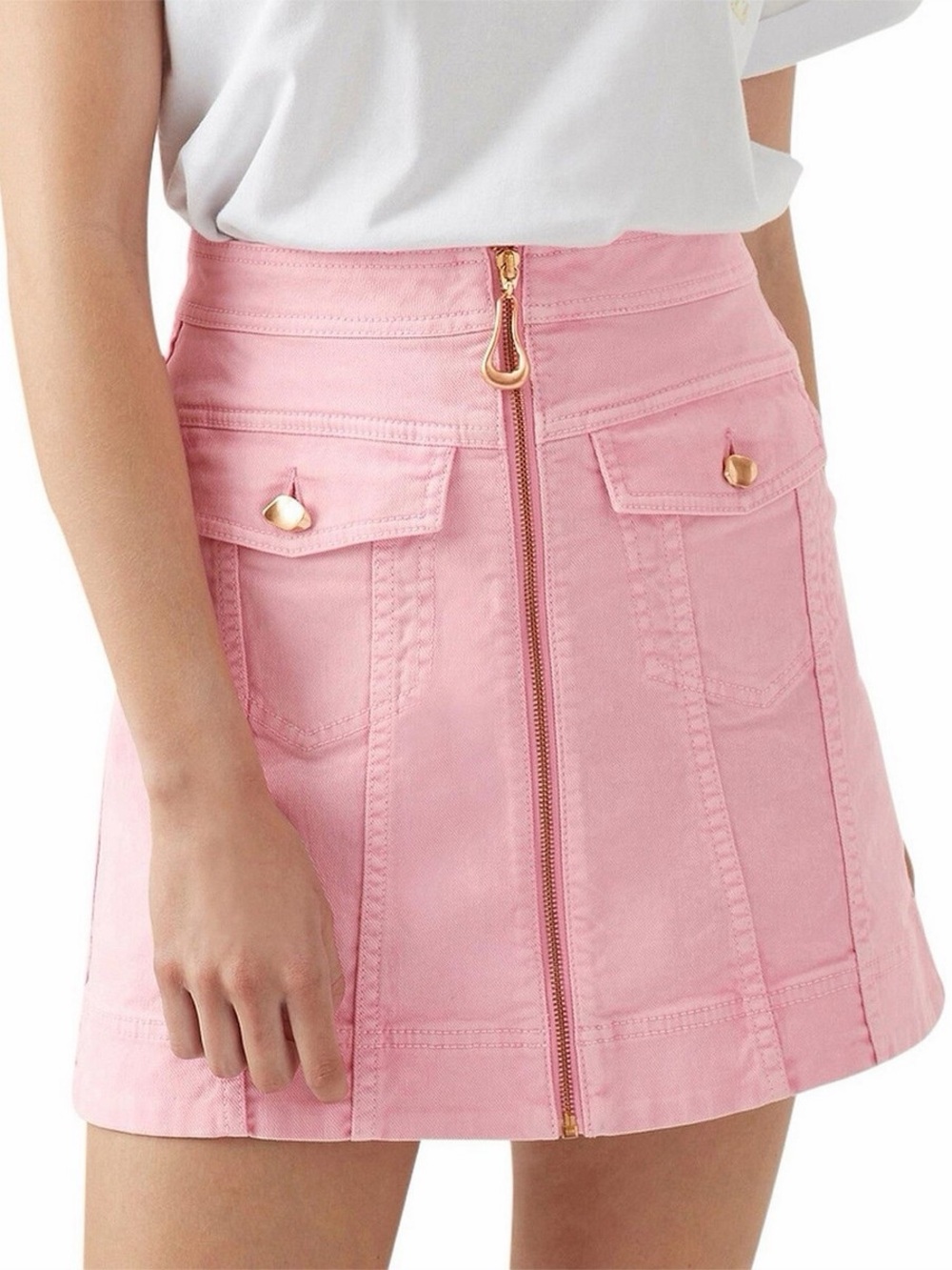 Aje Melody Denim Front Zip Mini Skirt Pink Gold Hardware Sz 8
